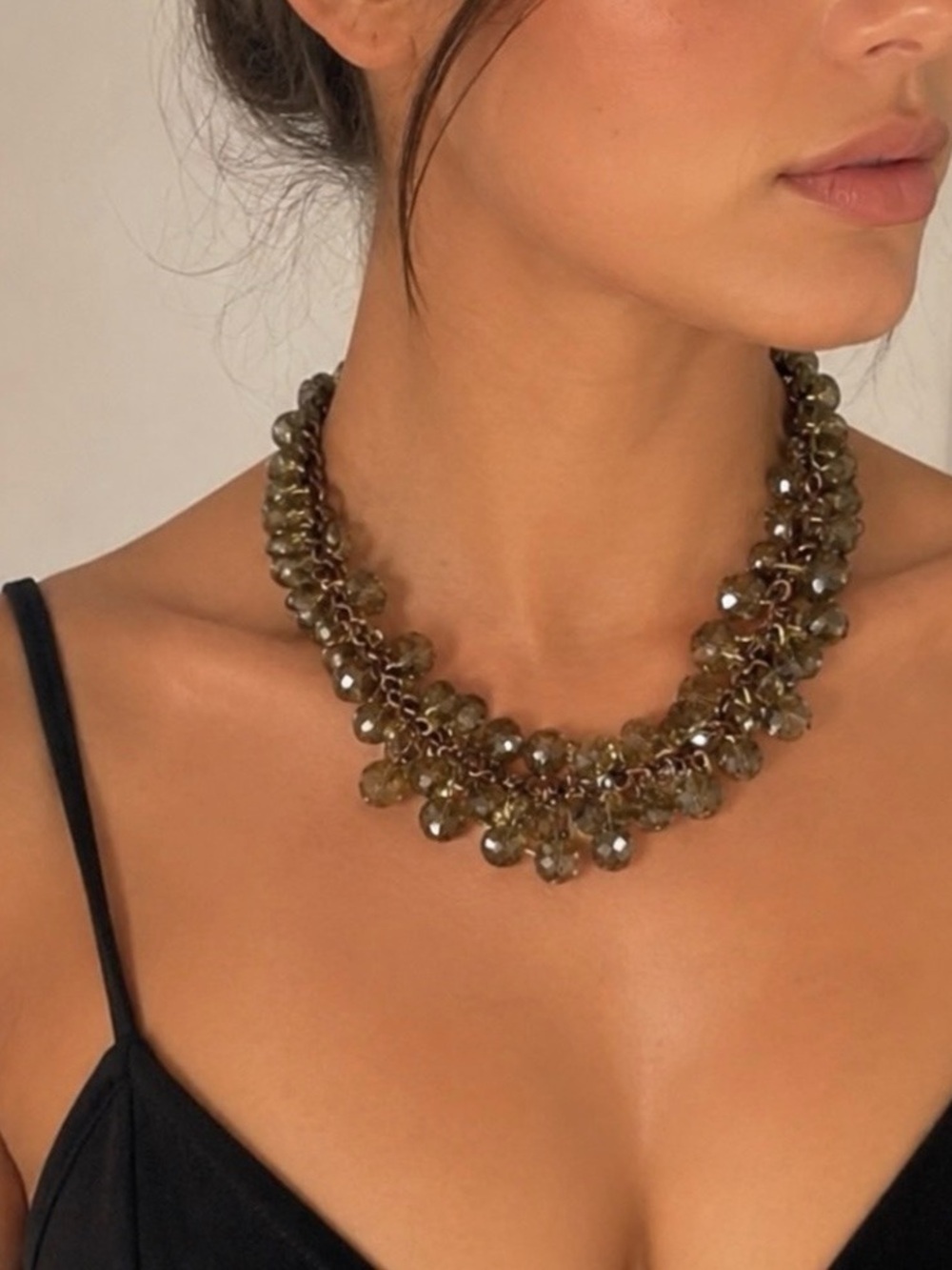 Vintage-Inspired Smoky Crystal Statement Necklace
 in Olive Green